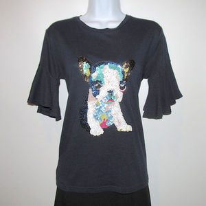Buffalo Sequin French BullDog Shirt Bell Sleeves